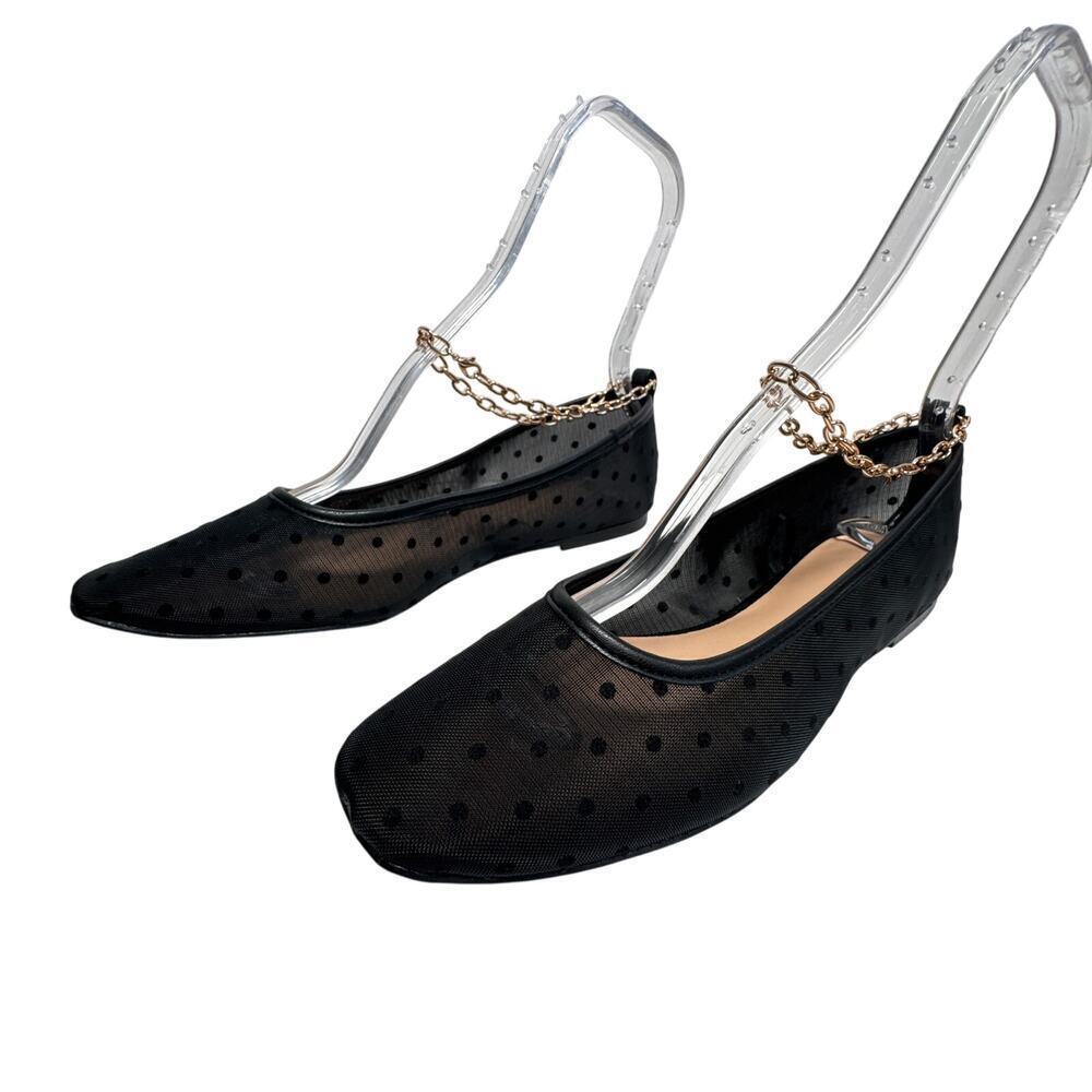 LOFT Black Dotted Mesh Ballet Flats Gold Chain Ankle Strap Women’s 11M - Picture 11 of 12